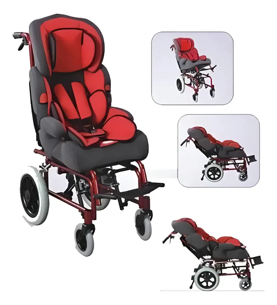 Silla de ruedas postural pediatrica, aluminio pintada, asiento TILT, rueda trasera Pu Mag