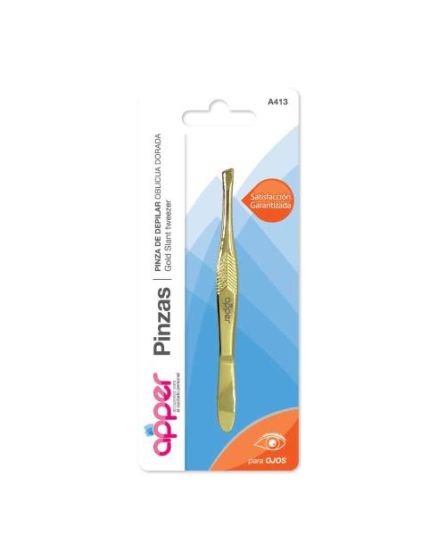 Pinza de depilar dorada oblicua en blister