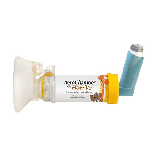 [DF.SIL ACH06] Aerocámara AEROCHAMBER - Cámara de retención antiestática con válvula (VHC) con mascarilla mediana (AMARILLA)